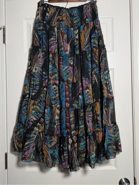 Black Colorful Pastel Feather Print Smocked Maxi Skirt Tiered Flowy Festival